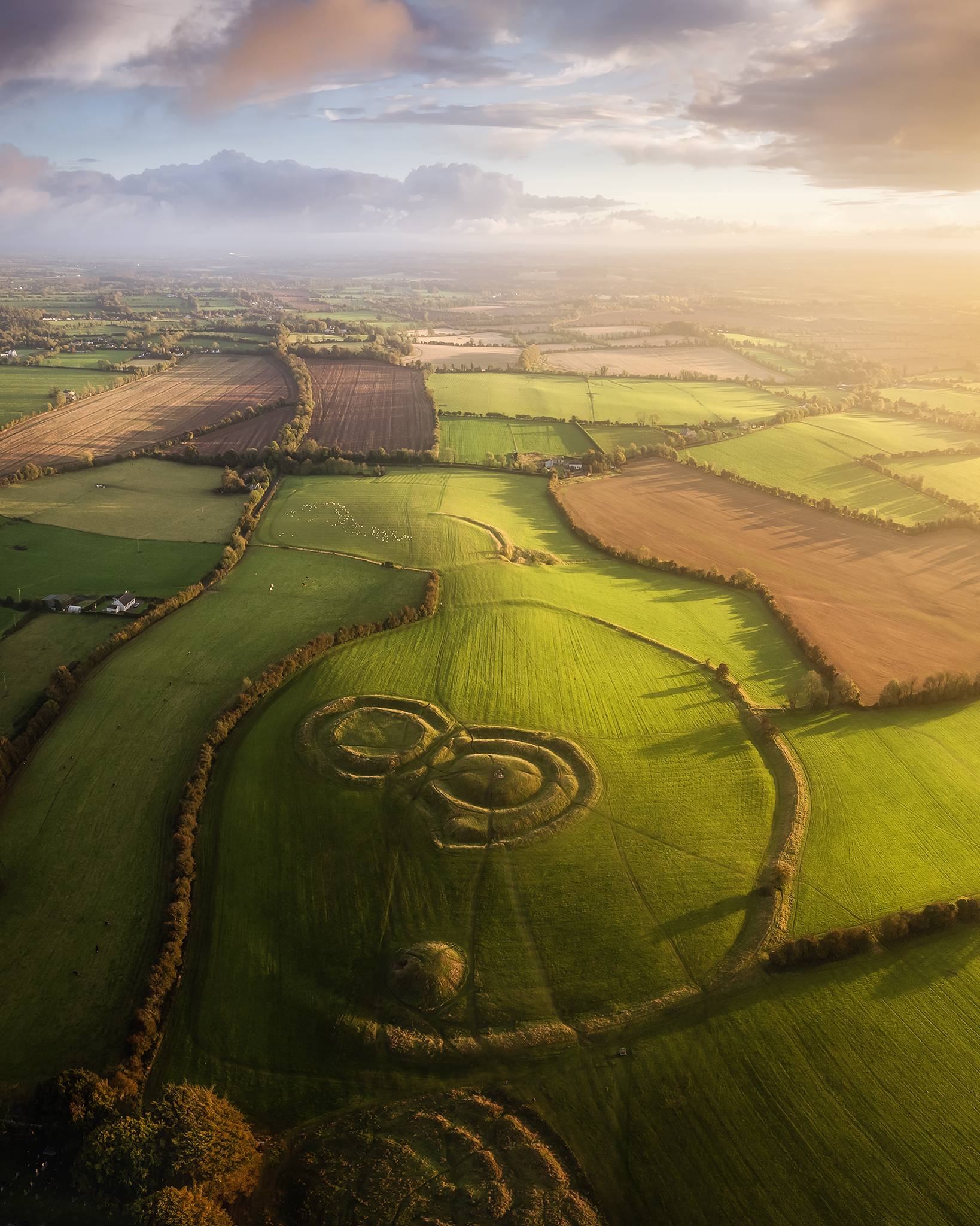 Aerial view of the Hill of Tara and surrounding Irish countryside