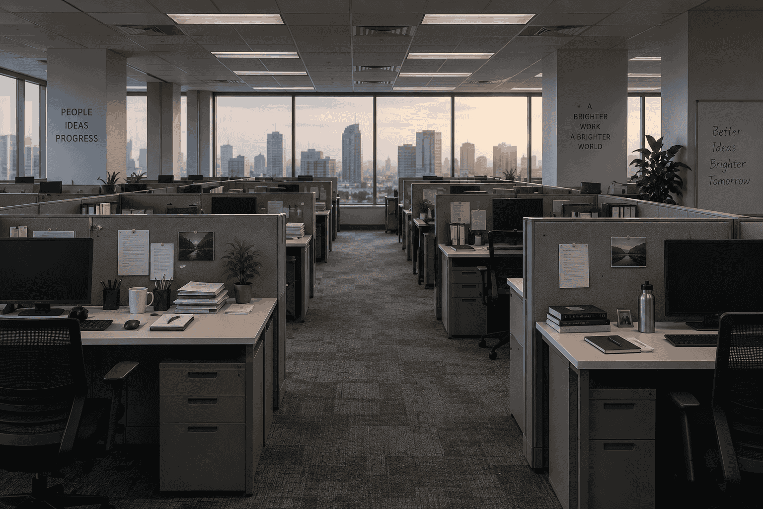 Empty office cubicles representing the future of work