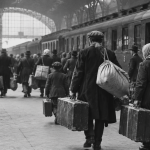 Travelers carrying luggage through a crowded railway station
