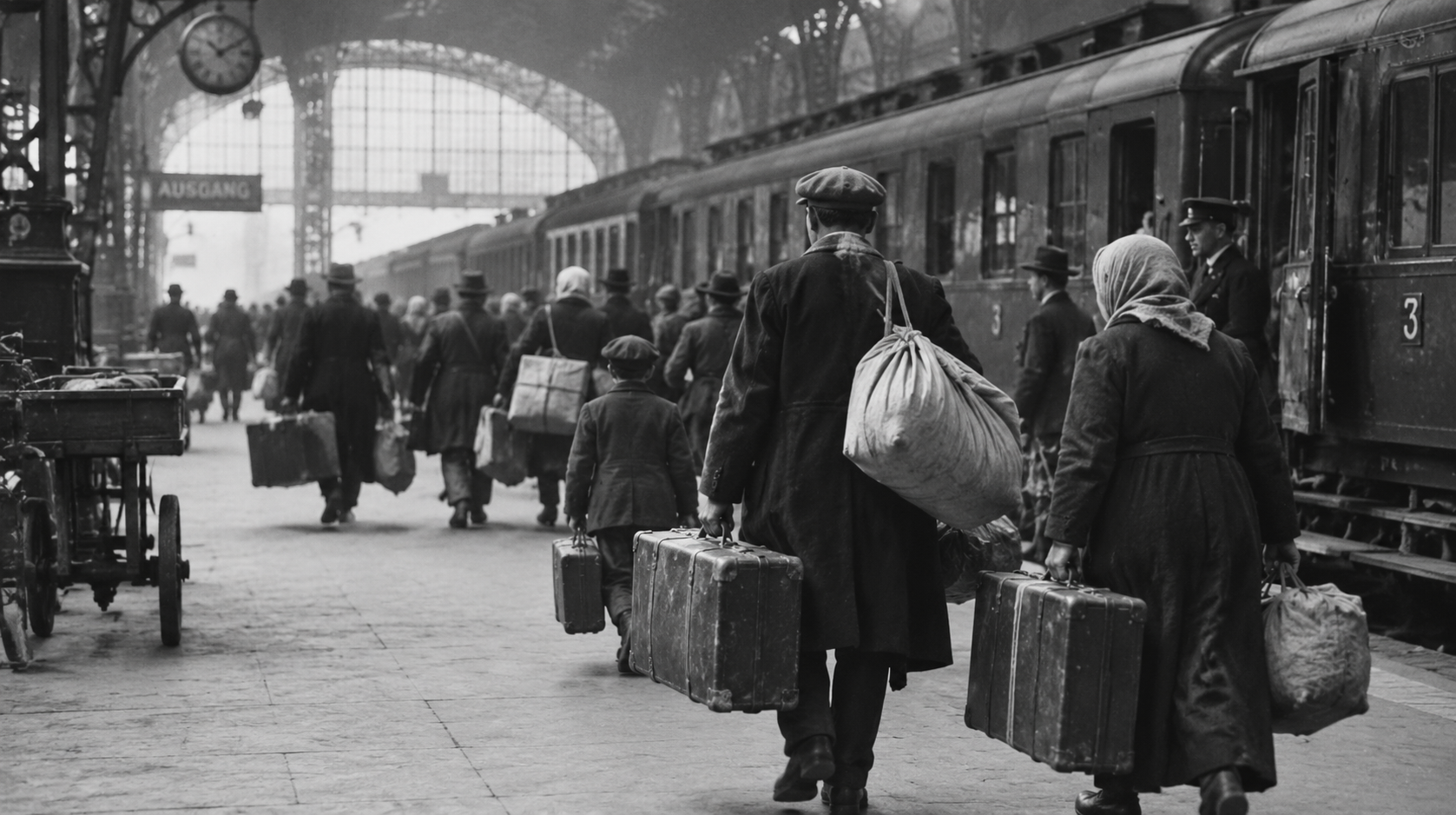 Travelers carrying luggage through a crowded railway station