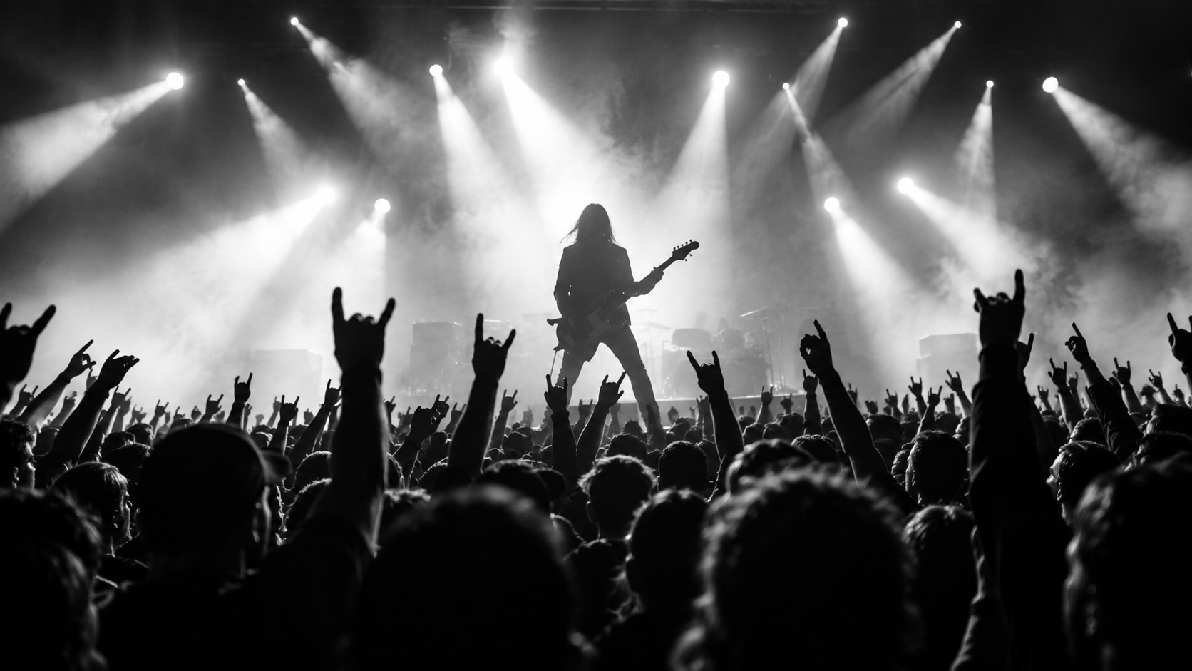 Black-and-white rock concert seen from the crowd, with a guitarist performing under stage lights