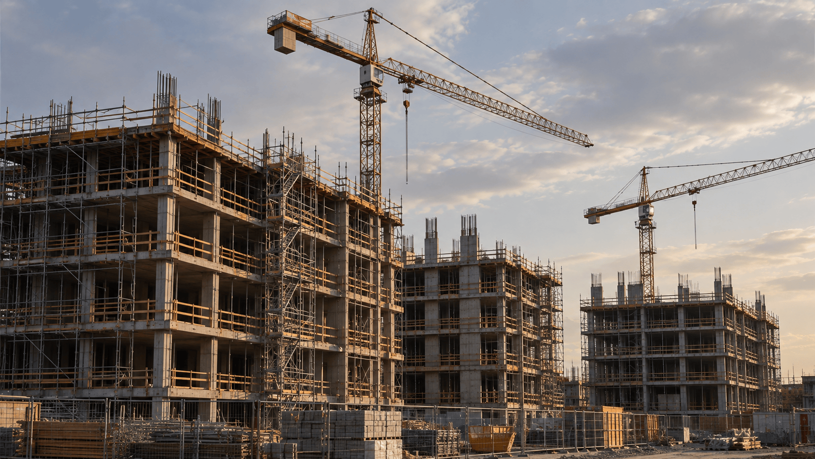 Construction cranes and unfinished buildings representing Britain’s housing crisis